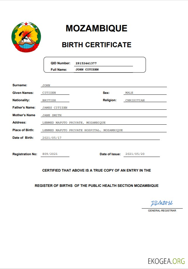 Modèle Word et PDF d'acte de naissance du Mozambique